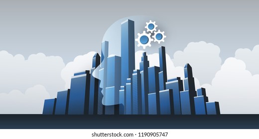 Smart City, Automated Digital Control, Deep Learning, künstliche Intelligenz und Zukunftskonzepte mit City Skyline und Human Head - Vektorgrafik