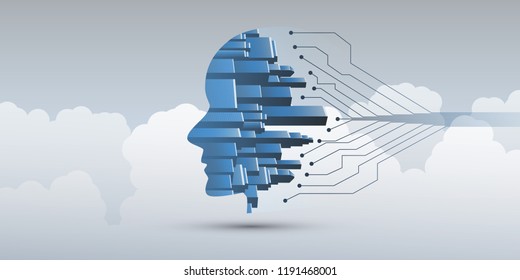 Smart City, Automated Digital Control, Deep Learning, Artificial Intelligence and Future Technology Concept Design with Network Connections, Cityscape and Human Head - Vector Illustration