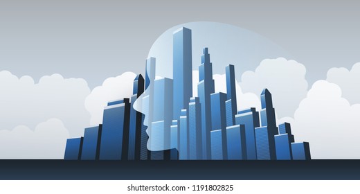 Smart City, Automated Digital Control, Deep Learning, Artificial Intelligence and Future Technology Concept Design with City Skyline and Human Head - Vector Illustration