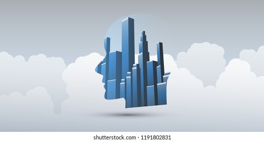Smart City, Automated Digital Control, Deep Learning, Artificial Intelligence and Future Technology Concept Design with City Skyline and Human Head - Vector Illustration