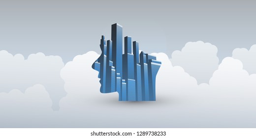 Ciudad inteligente. Control digital automatizado. Aprendizaje Profundo. Inteligencia artificial y diseño de concepto de tecnología futura con Cityscape Formación de cabeza humana - Ilustración vectorial