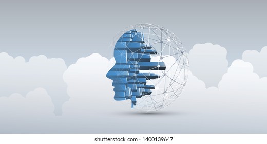Smart City, Automated Digital Control, Deep Learning, Artificial Intelligence and Future Technology Concept Design with Network Connections, Cityscape and Human Head - Vector Illustration