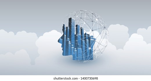 Smart City, Automated Digital Control, Deep Learning, Artificial Intelligence and Future Technology Concept Design with Network Connections, Cityscape and Human Head - Vector Illustration