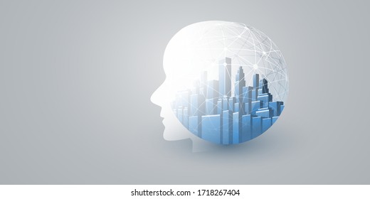 Smart City, Automated Digital Control, Deep Learning, Artificial Intelligence and Future Technology Concept Design with Cityscape, Human Head Silhouette and Wireframe Sphere - Vector Illustration
