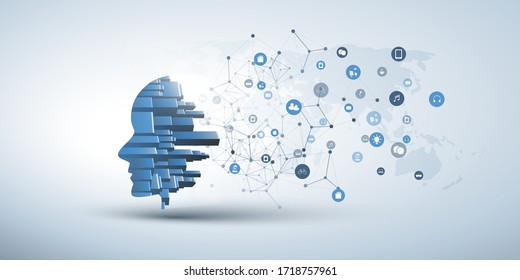 Smart City, Automated Digital Control, Deep Learning, Artificial Intelligence And Future Technology Concept Design With Cityscape Forming A Human Head - Vector Illustration
