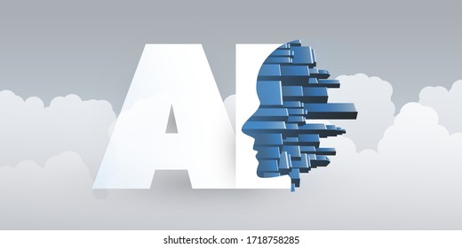 Smart City, Automated Digital Control, Deep Learning, Artificial Intelligence and Future Technology Concept Design with Cityscape Forming a Human Head and AI Label - Vector Illustration
