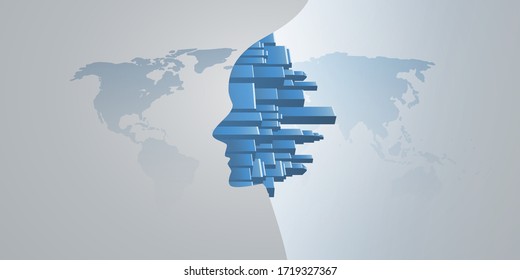 Smart City, Automated Digital Control, Deep Learning, Artificial Intelligence and Future Technology Concept Design with Cityscape Forming a Human Head and World Map - Vector Illustration
