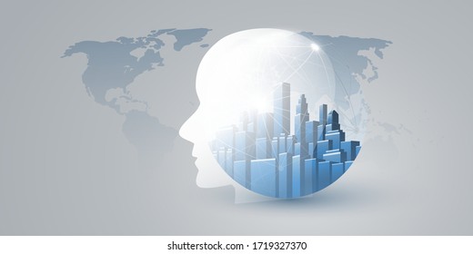 Smart City, Automated Digital Control, Deep Learning, Artificial Intelligence and Future Technology Concept Design with Cityscape, Human Head, World Map - Vector Illustration
