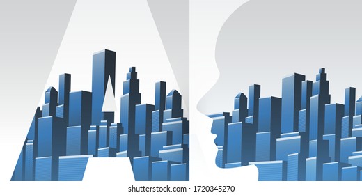 Smart City, Automated Digital Control, Deep Learning, Artificial Intelligence and Future Technology Concept Design with Cityscape, Human Head and AI Label - Vector Illustration 
