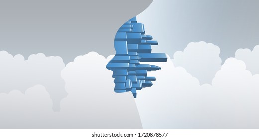 Smart City, Automated Digital Control, Deep Learning, Artificial Intelligence and Future Technology Concept Design with Cityscape Forming a Human Head and Cloud - Vector Illustration
