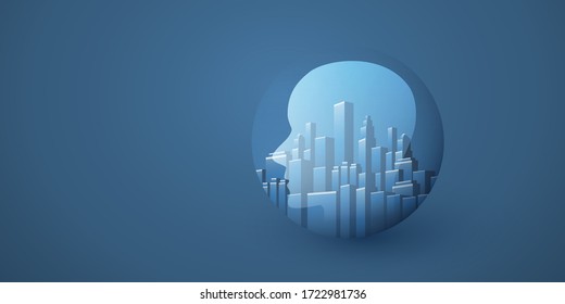 Smart City, Automated Digital Control, Deep Learning, Artificial Intelligence and Future Technology Concept Design with Cityscape and Human Head - Vector Illustration
