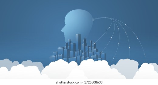 Smart City, Automated Digital Control, Deep Learning, Artificial Intelligence and Future Technology Concept Design with Cityscape, Human Head and Cloud - Vector Illustration