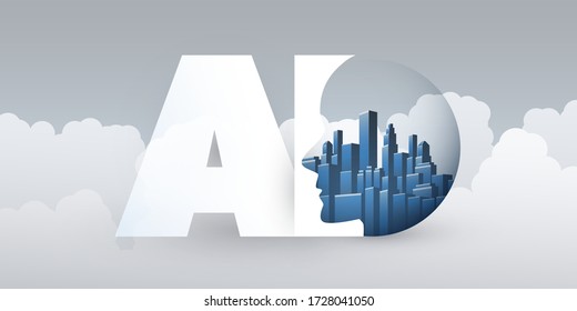 Smart City, Automated Digital Control, Deep Learning, Artificial Intelligence and Future Technology Concept Design with Cityscape in a Globe, Human Head and Clouds - Vector Illustration
