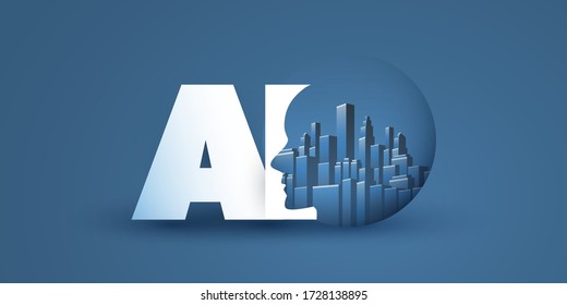 Smart City, Automated Digital Control, Deep Learning, Artificial Intelligence and Future Technology Concept Design with Cityscape in a Globe, and Human Head - Vector Illustration
