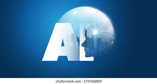 Smart City, Automated Digital Control, Deep Learning, Artificial Intelligence and Future Technology Concept Design with Cityscape in a Globe - Vector Illustration
