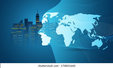 Ciudad inteligente, control digital automatizado, aprendizaje profundo, inteligencia artificial y diseño del concepto de la tecnología futura con el paisaje urbano y la silueta de cabeza humana - Ilustración vectorial