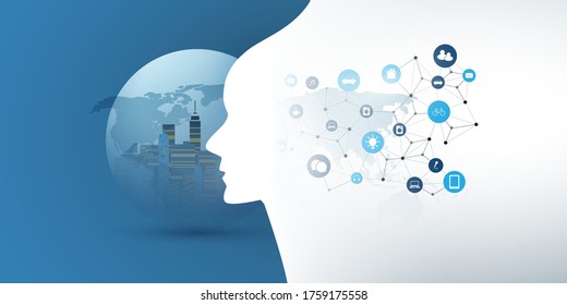 Smart City, Automated Digital Control, Deep Learning, Artificial Intelligence and Future Technology Concept Design with Cityscape in a Globe, and Human Head Silhouette - Vector Illustration
