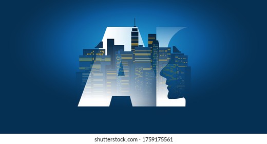 Smart City, Automated Digital Control, Deep Learning, Artificial Intelligence and Future Technology Concept Design with Cityscape, Ai Label and Human Head - Vector Illustration