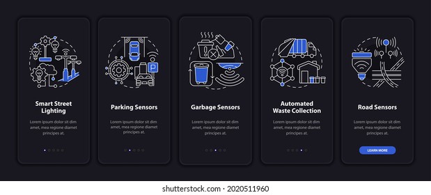 Smart city automatic management systems onboarding mobile app page screen. Walkthrough 5 steps graphic instructions with concepts. UI, UX, GUI vector template with linear night mode illustrations