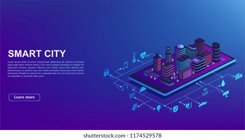 Smart City Automation From Smartphone. Concept Of  Building Management System, Technology Of Iot. City Is Standing On Mobile Phone With Home Control Icons.