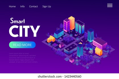 Smart city background. Neon light city. Vector template for websites.