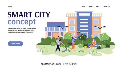 Smart city banner concept with people in city park using modern internet and digital technology. Communication website homepage template, vector illustration.