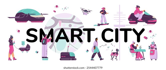 Smart city banner. Residents of a futuristic city. Robot animals, flying cars, drones with packages. Technological future. New innovations in robotics. Vector illustration.