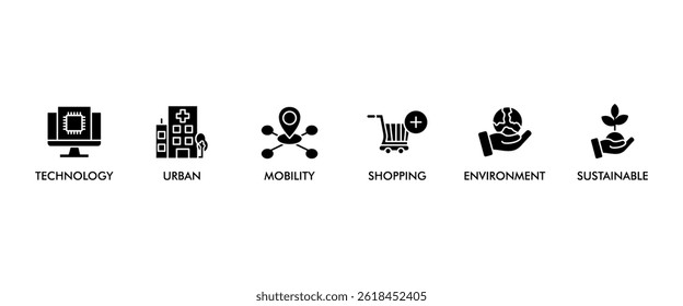 Smart city banner web icon set vector symbol illustration concept with icon of technology, urban, connection, mobility, shopping, environment and sustainable