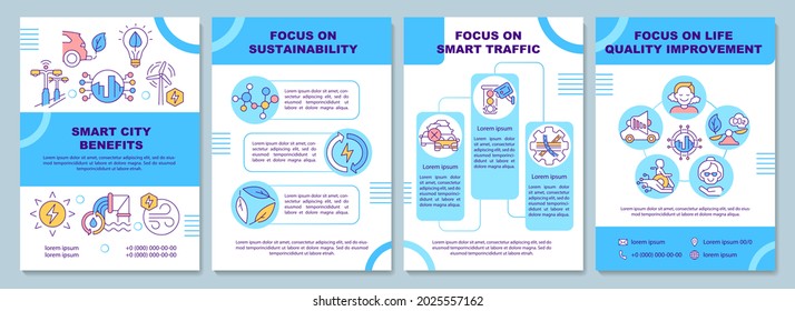 Plantilla de folleto sobre los beneficios de la ciudad inteligente. Mejora de la calidad de vida. Volante, folleto, folleto impreso, diseño de portada con iconos lineales. Diseños vectoriales para presentación, informes anuales, páginas publicitarias