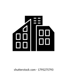 Smart city black glyph icon. Urban office center. City skyscrapers. Condo building. Tall houses. Town infrastructure. Modern townhouse. Silhouette symbol on white space. Vector isolated illustration