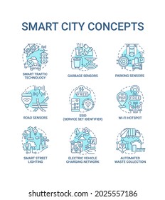 Smart city blue concept icons set. Smart system idea thin line blue illustrations. Sensors for road, transport and garbage control. Energy management. Vector isolated outline drawings. Editable stroke