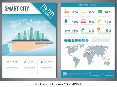 Smart city brochure with infographic elements. Template of magazine, poster, book cover, banner, flyer. Big city life concept. Vector illustration
