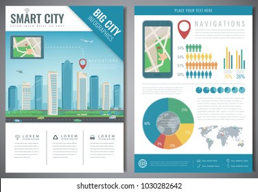 Smart city brochure with infographic elements. Template of magazine, poster, book cover, banner, flyer. City navigation concept. Vector illustration