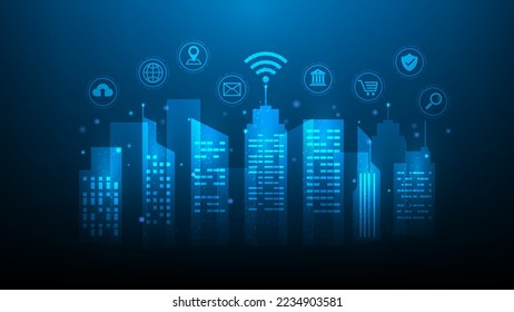 smart city building 5g wifi technology digital. internet connectivity with technology icon. internet of things concept. skyscraper social network. vector illustration fantastic hi tech design.