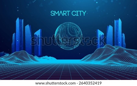 Smart City Building Background Future Tech Abstract AI Technology Concept. Neon Digital Architecture Network Vector Design. Futuristic Cyber 3D Metaverse Urban Landscape.