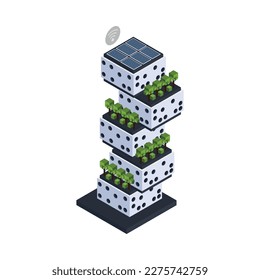 Smart city building isometric icon house with green plants and solar panels on roof 3d vector illustration