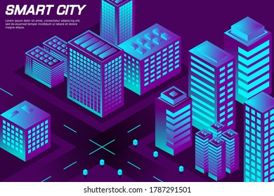 Smart city or smart building isometric vector concept. A modern smart city, urban planning and development, the infrastructure of buildings with city services.
