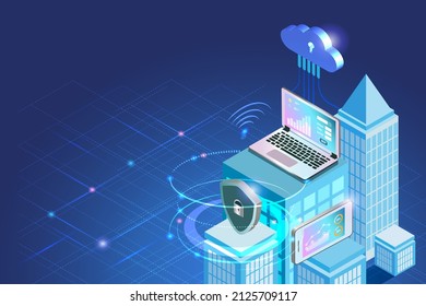 Smart city buildings with digital wireless cloud computing technology and cyber security protection in futuristic background. Intelligence 5G internet of things concept.