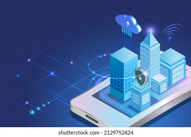 Smart city buildings with digital wireless cloud computing technology and cyber security protection in futuristic background. Intelligence 5G internet of things concept.