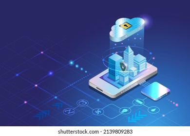 Smart city buildings with digital wireless cloud computing technology and cyber security protection in futuristic background. Intelligence 5G internet of things concept.