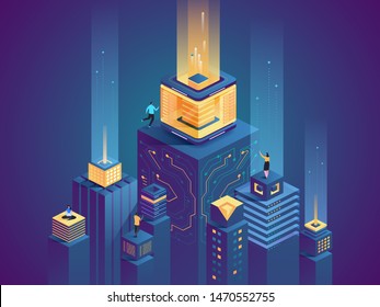 Smart city buildings flat isometric illustration. Men and women working in cyberspace 3D cartoon characters. Futuristic technology, server farm vector concept. Digital network, virtual database