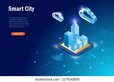 Smart city buildings and home appliances control on microchip board with cloud computing and wireless technology in futuristic background. Intelligence 5G internet of things concept.