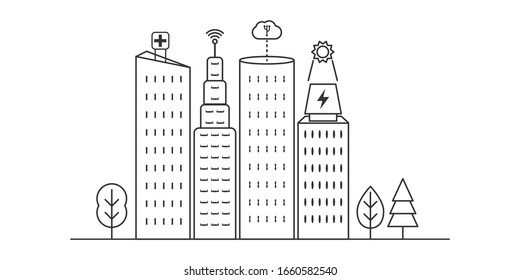 Intelligente Stadtgebäude umreißen Vektorillustration. intelligente Dienste, Cloud-Computing, Netze, Solarpaneele und Gesundheitsversorgung.