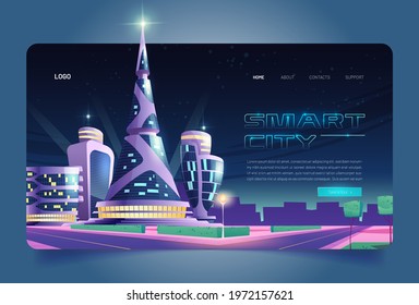 Smart city cartoon landing page, futuristic glass buildings of unusual shapes along empty road at night. Modern neon glowing architecture towers or skyscrapers. Alien urban dwellings vector web banner