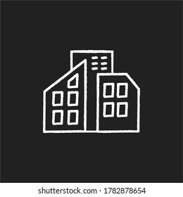 Smart city chalk white icon on black background. Urban office center. City skyscrapers. Condo building. Tall houses. Town infrastructure. Modern townhouse. Isolated vector chalkboard illustration