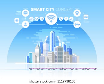 Smart city. Cityscape background with different icons and elements. Vector design concept with icons