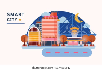 Smart City With Clean Energy and High Technology in Night Time, vector, Illustration,