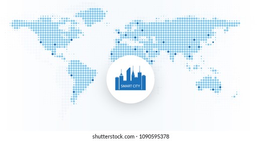 Smart City, Cloud Computing Design Concept - Digital Network Connections, Technology Background with Spotted World Map