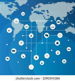 Smart City, Cloud Computing Design Concept with Icons - Digital Network Connections, Technology Background with Spotted World Map