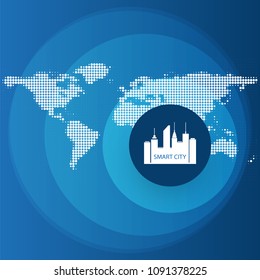 Smart City, Cloud Computing Design Concept - Digital Network Connections, Technology Background with Spotted World Map